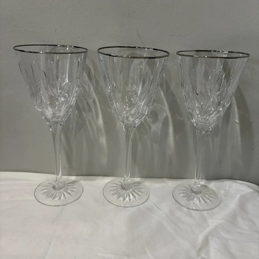 Cristal D'Arques-Durand Cassandra‎ Silver Rim Water Goblet Crystal Glasses Set 3